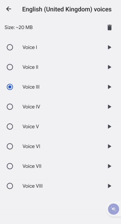 Tap the Play button to preview the voice and the small round radio button to select it 
